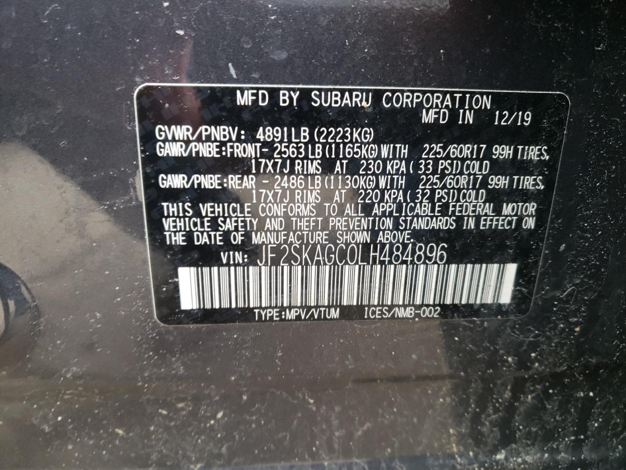 Photo 10 from auction – 2020 SUBARU FORESTER P with VIN JF2SKAGC0LH484896