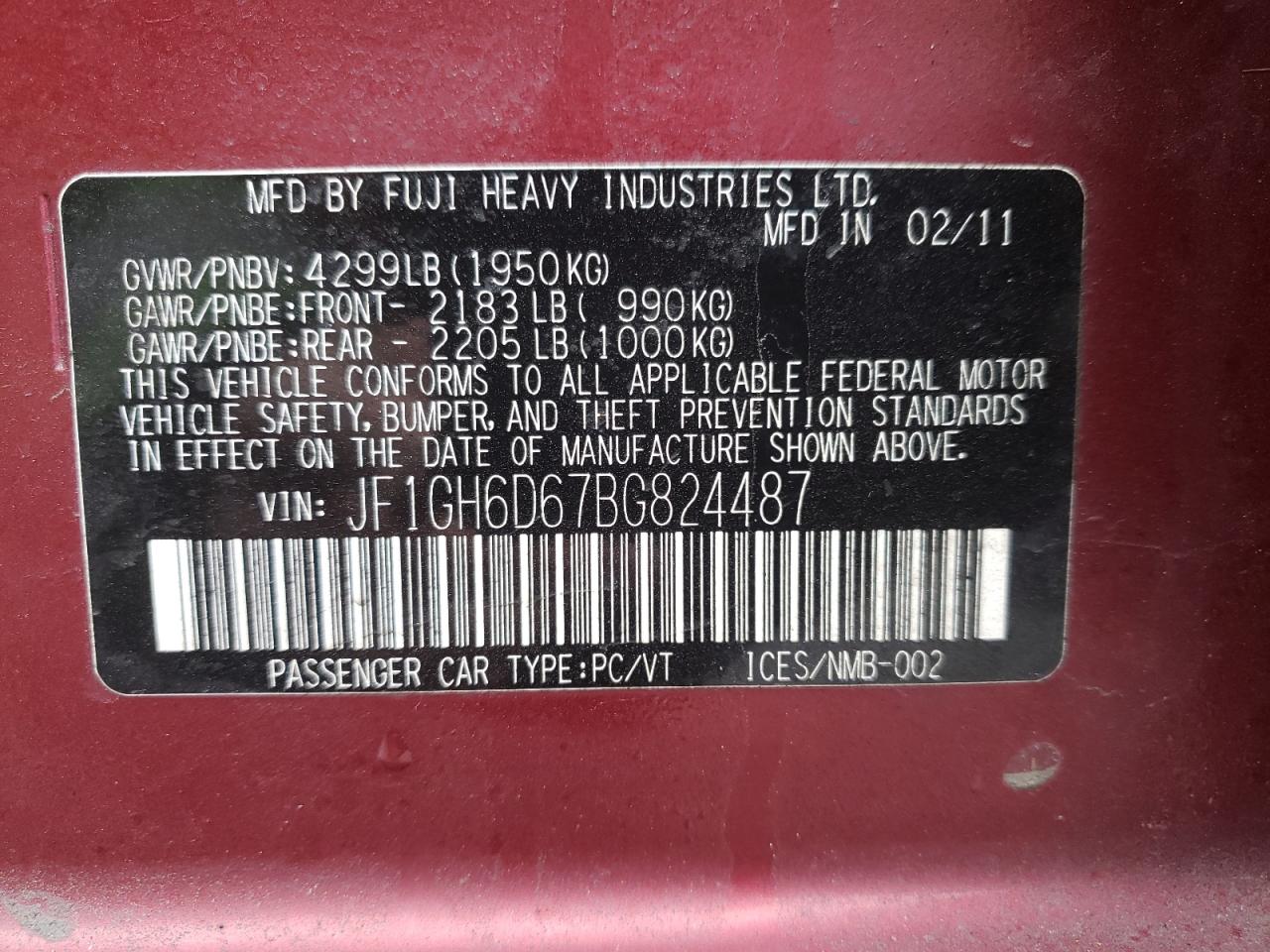 Photo 10 from auction – 2011 SUBARU IMPREZA OU with VIN JF1GH6D67BG824487