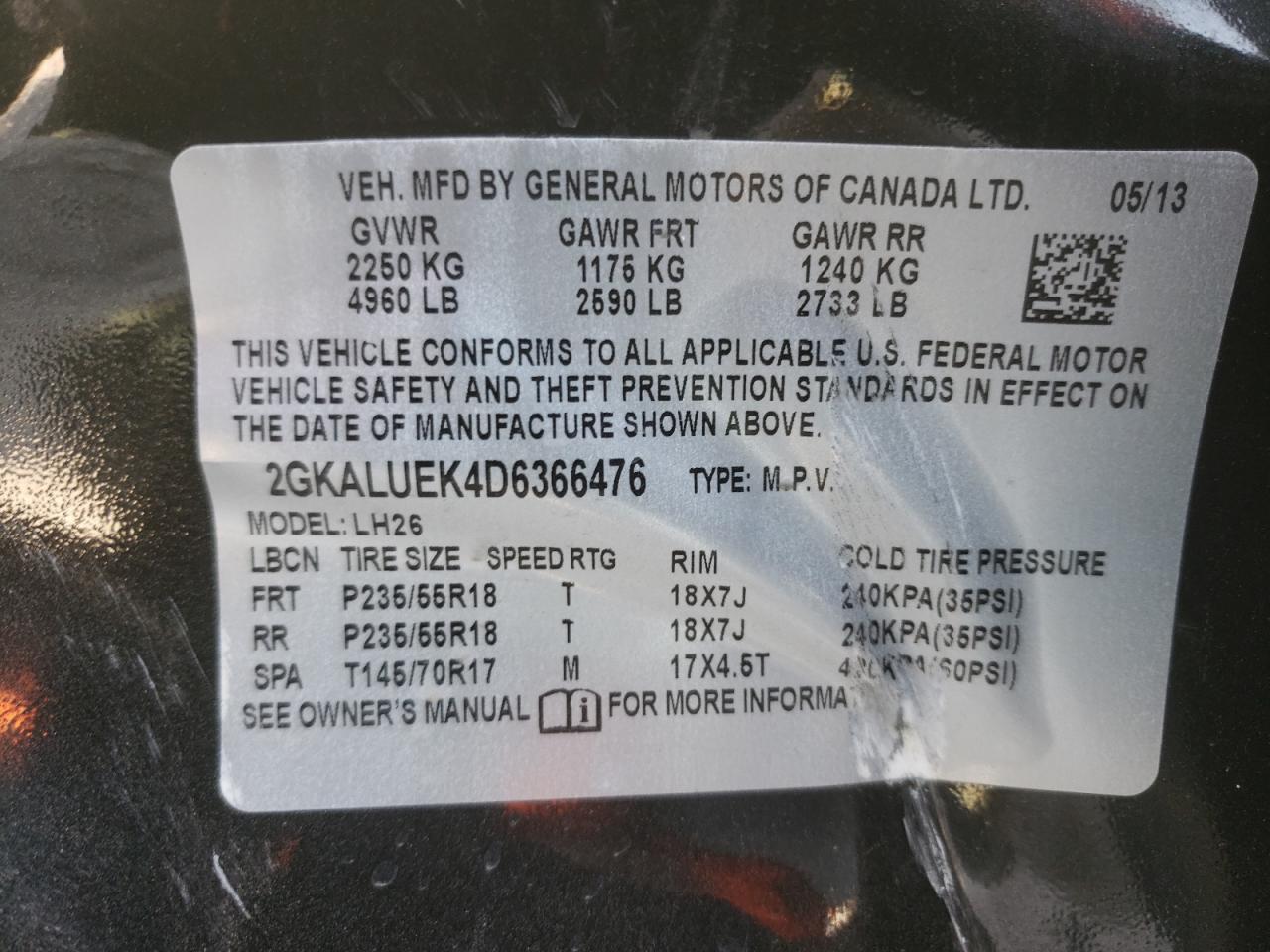 Photo 10 from auction – 2013 GMC TERRAIN SL with VIN 2GKALUEK4D6366476