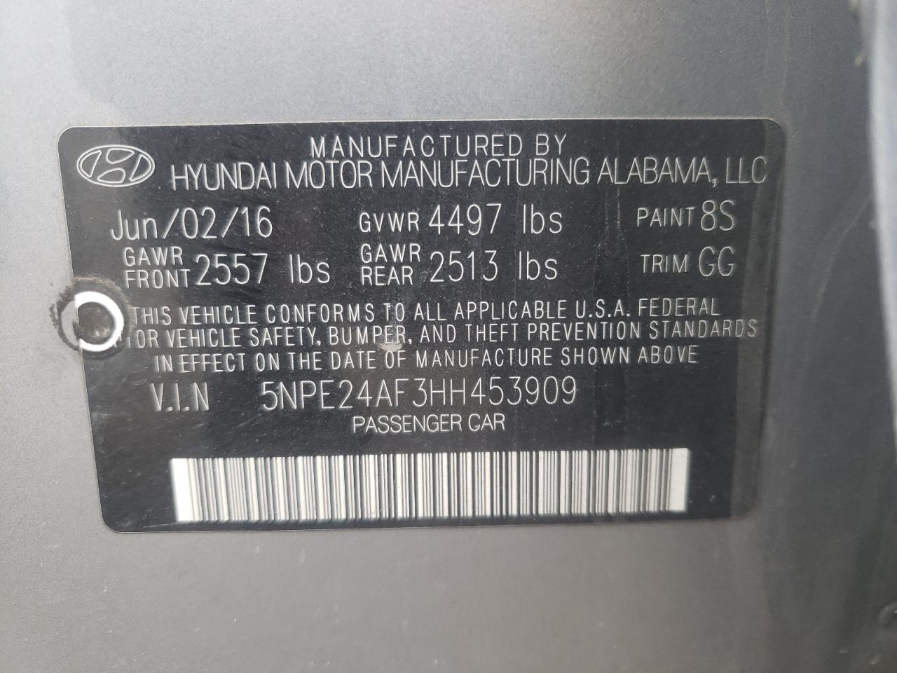 Photo 10 from auction – 2017 HYUNDAI SONATA SE with VIN 5NPE24AF3HH453909