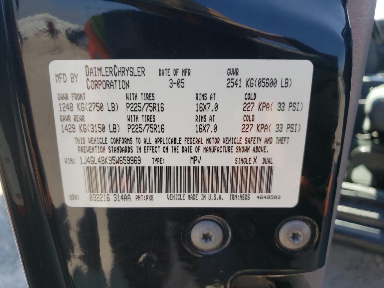 Photo 10 from auction – 2005 JEEP LIBERTY SP with VIN 1J4GL48K95W659969