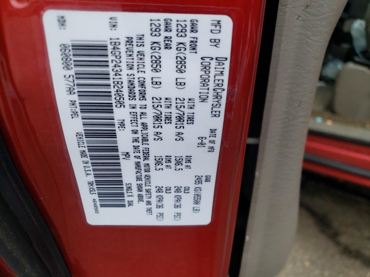 Photo 10 from auction – 2001 DODGE GRAND CARA with VIN 1B4GP24341B240505