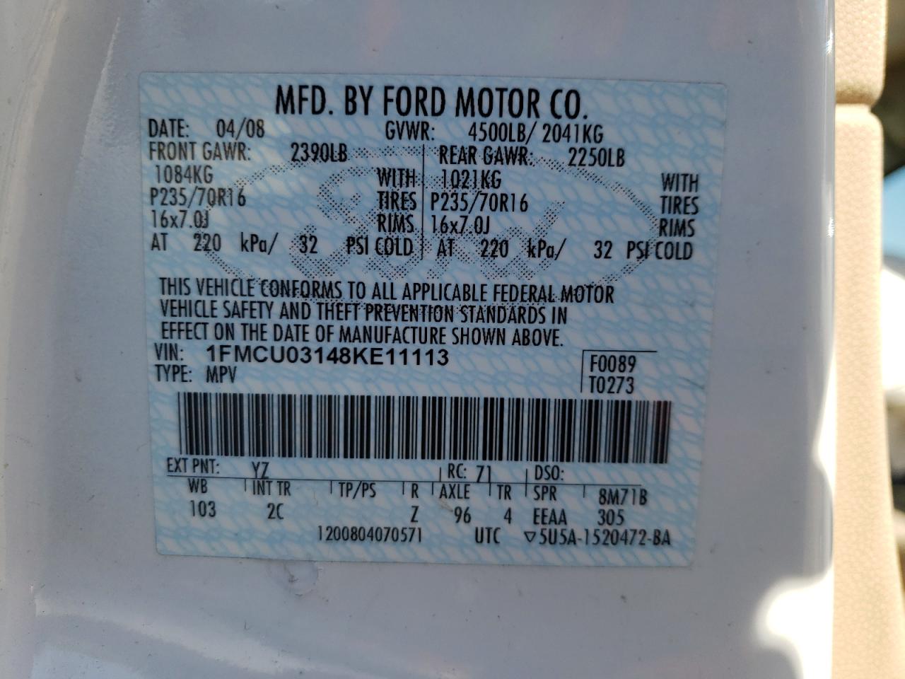 Photo 10 from auction – 2008 FORD ESCAPE XLT with VIN 1FMCU03148KE11113