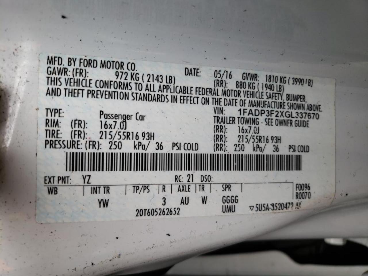 Photo 10 from auction – 2016 FORD FOCUS SE with VIN 1FADP3F2XGL337670