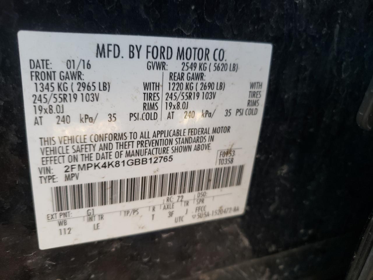 Photo 10 from auction – 2016 FORD EDGE TITAN with VIN 2FMPK4K81GBB12765