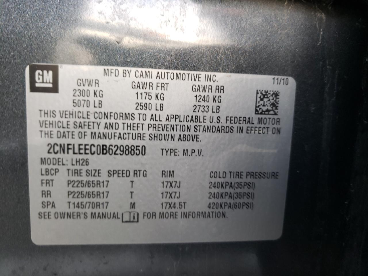 Photo 10 from auction – 2011 CHEVROLET EQUINOX LT with VIN 2CNFLEEC0B6298850