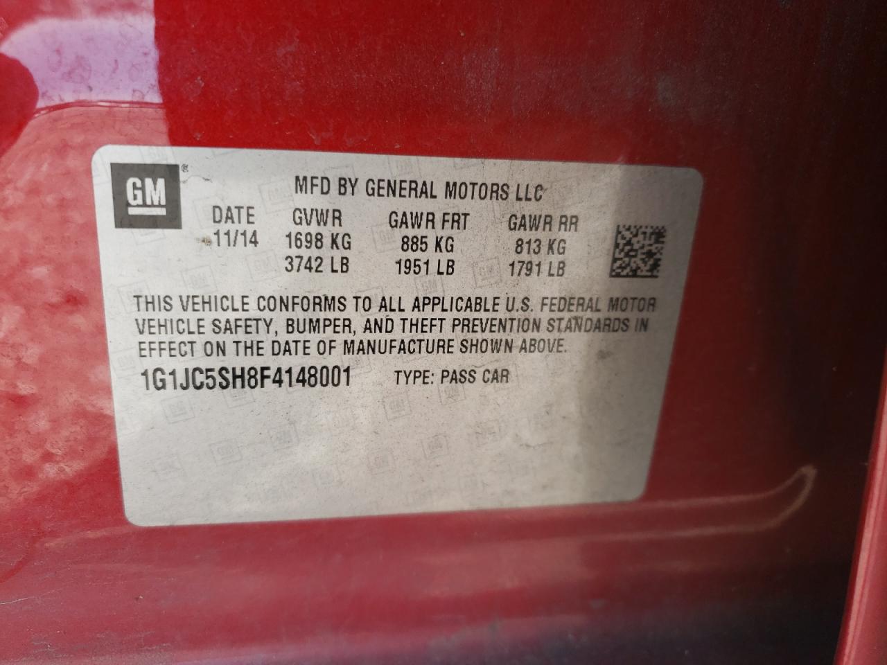Photo 10 from auction – 2015 CHEVROLET SONIC LT with VIN 1G1JC5SH8F4148001