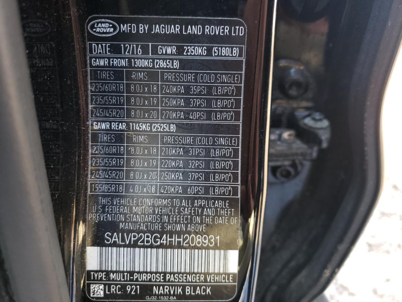 Photo 10 from auction – 2017 LAND ROVER RANGE ROVE with VIN SALVP2BG4HH208931