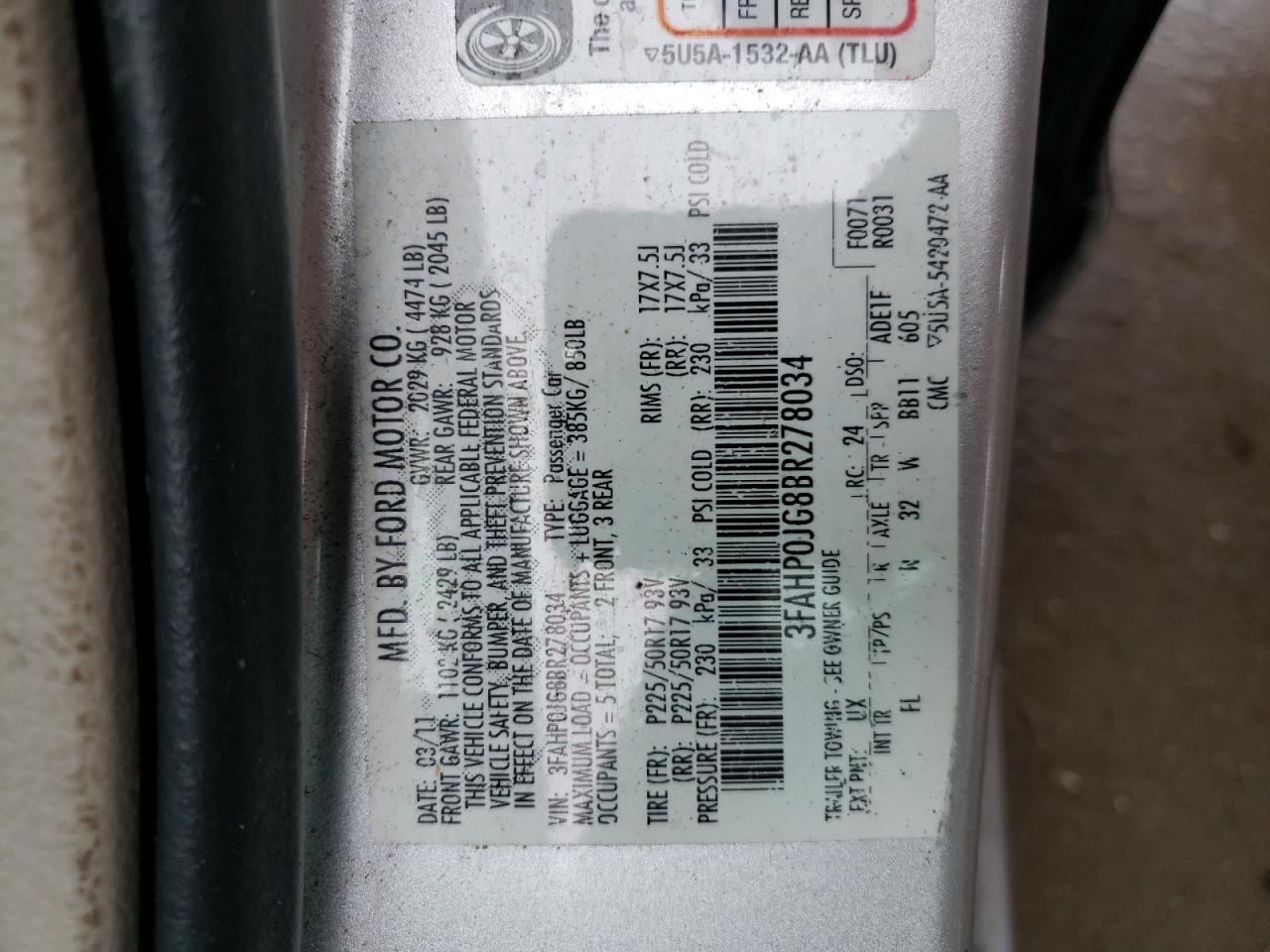 Photo 10 from auction – 2011 FORD FUSION SEL with VIN 3FAHP0JG8BR278034