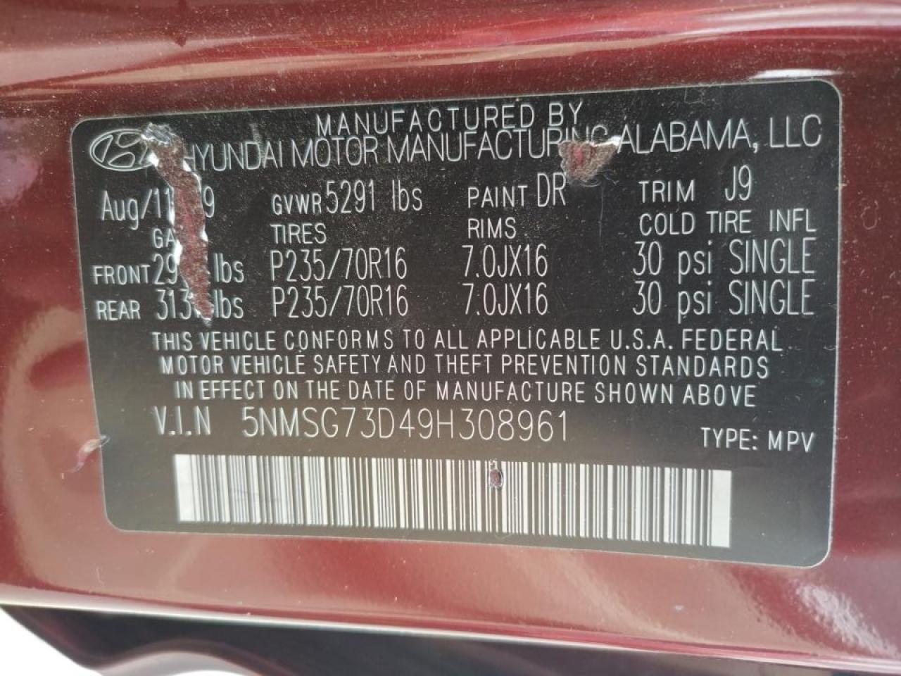 Photo 10 from auction – 2009 HYUNDAI SANTA FE G with VIN 5NMSG73D49H308961