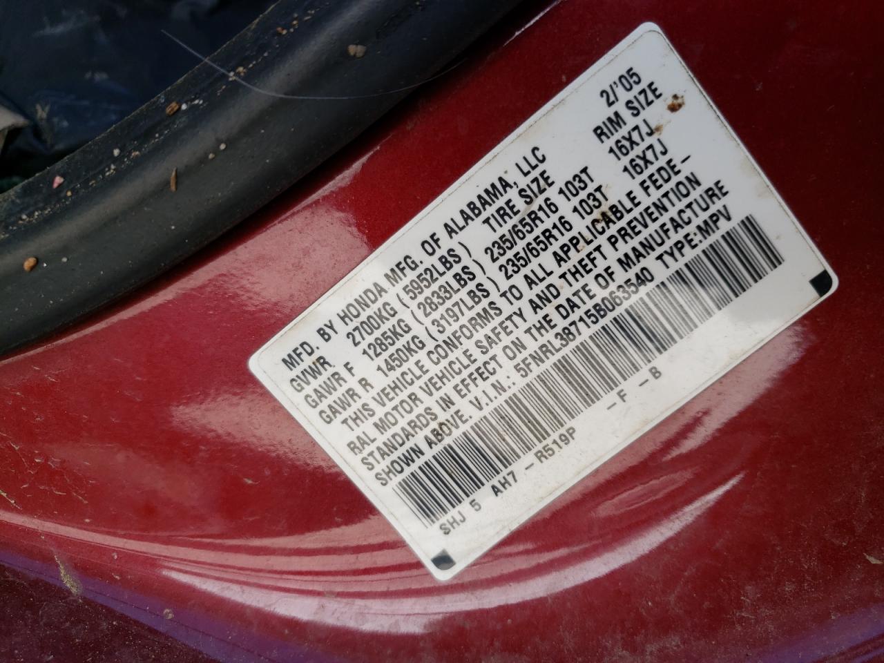 Photo 10 from auction – 2005 HONDA ODYSSEY EX with VIN 5FNRL38715B063540