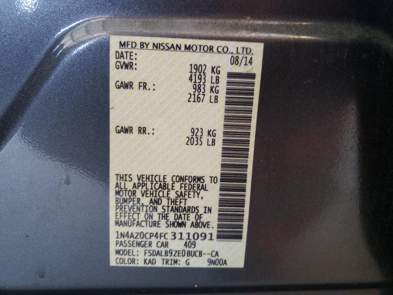 Photo 10 from auction – 2015 NISSAN LEAF S with VIN 1N4AZ0CP4FC311091