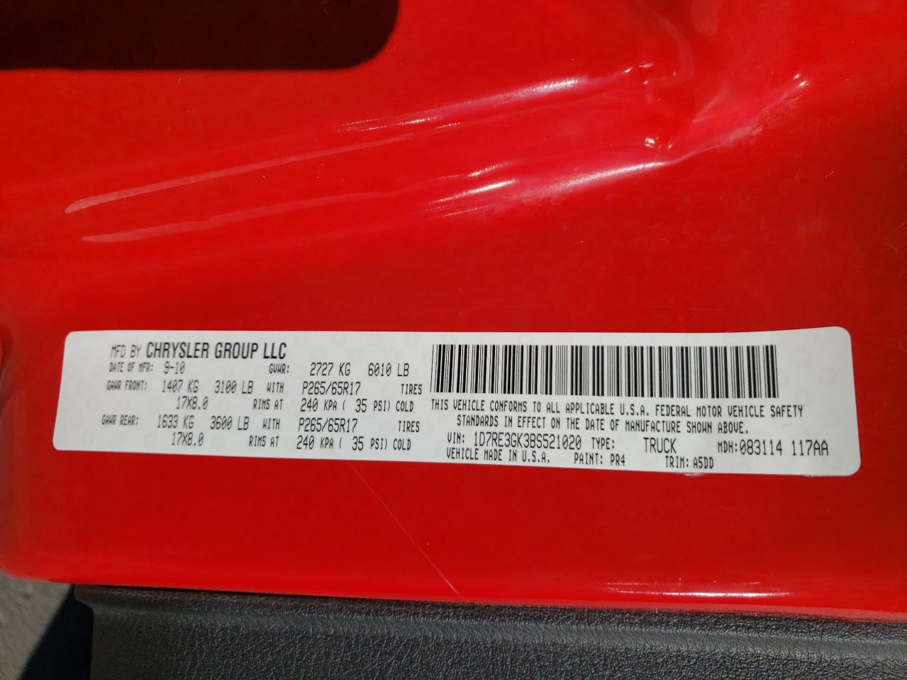 Photo 10 from auction – 2011 DODGE DAKOTA SLT with VIN 1D7RE3GK3BS521020