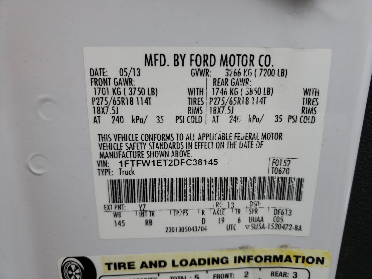Photo 10 from auction – 2013 FORD F150 SUPER with VIN 1FTFW1ET2DFC38145