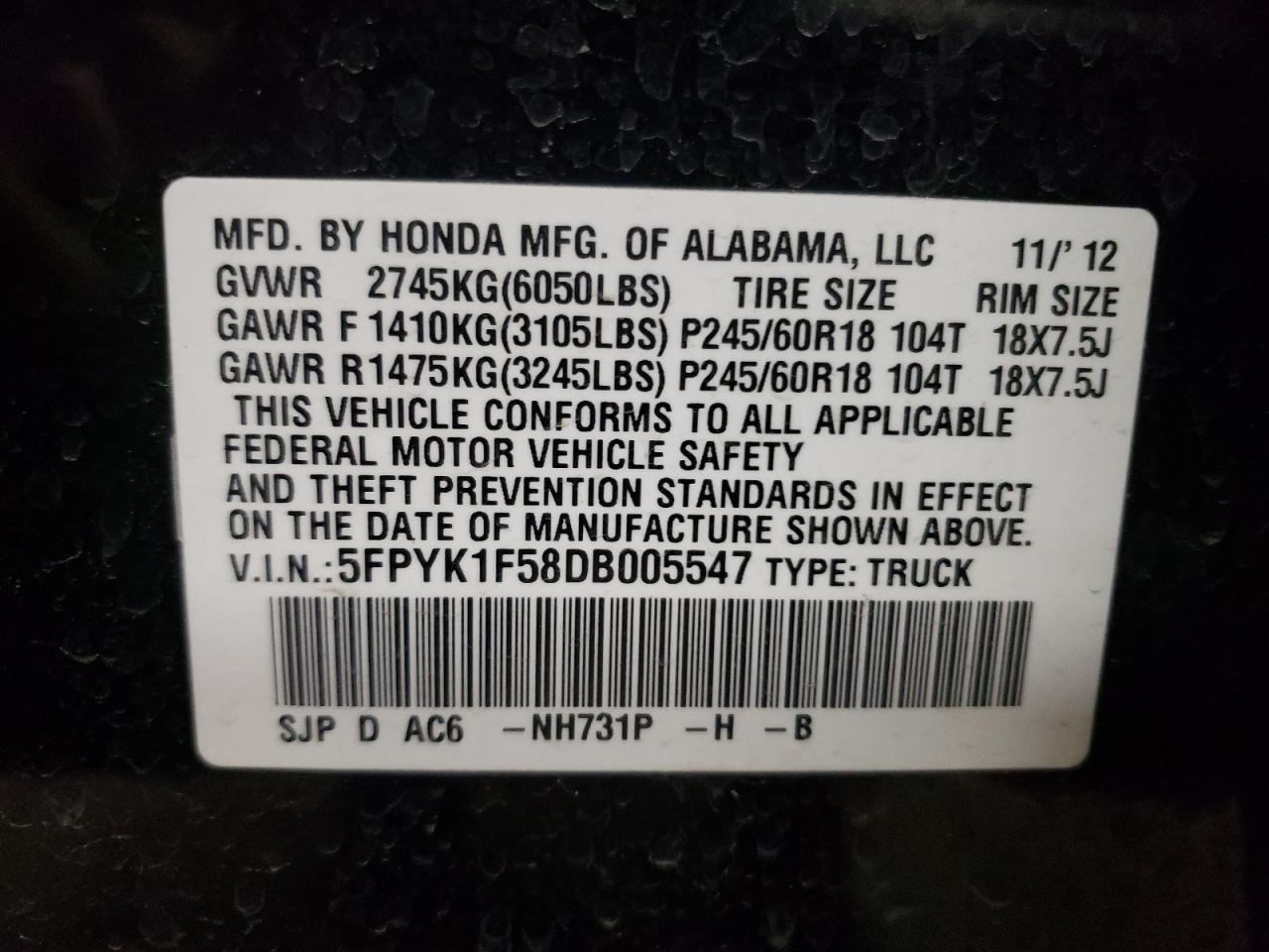 Photo 10 from auction – 2013 HONDA RIDGELINE with VIN 5FPYK1F58DB005547