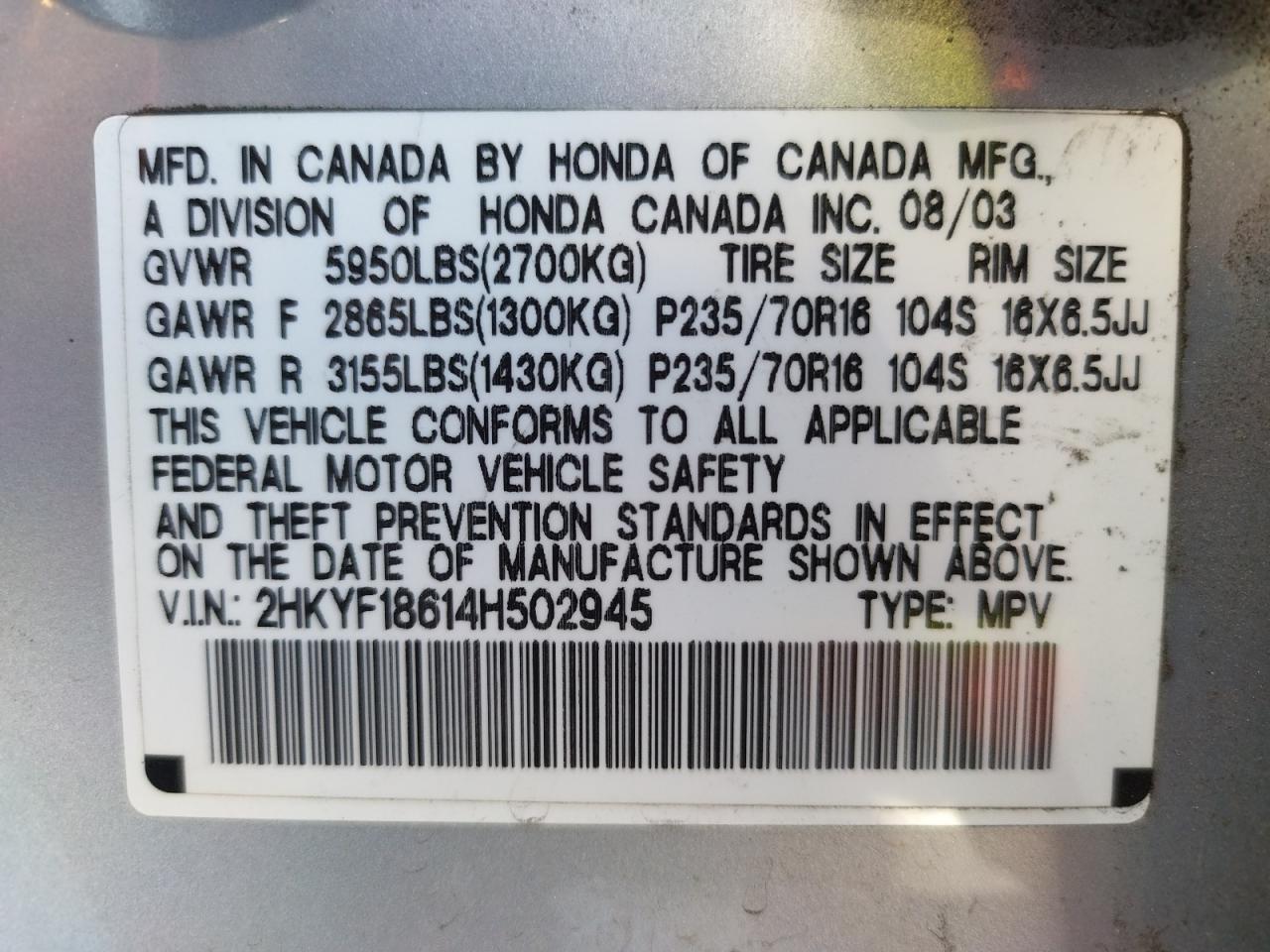 Photo 10 from auction – 2004 HONDA PILOT EXL with VIN 2HKYF18614H502945