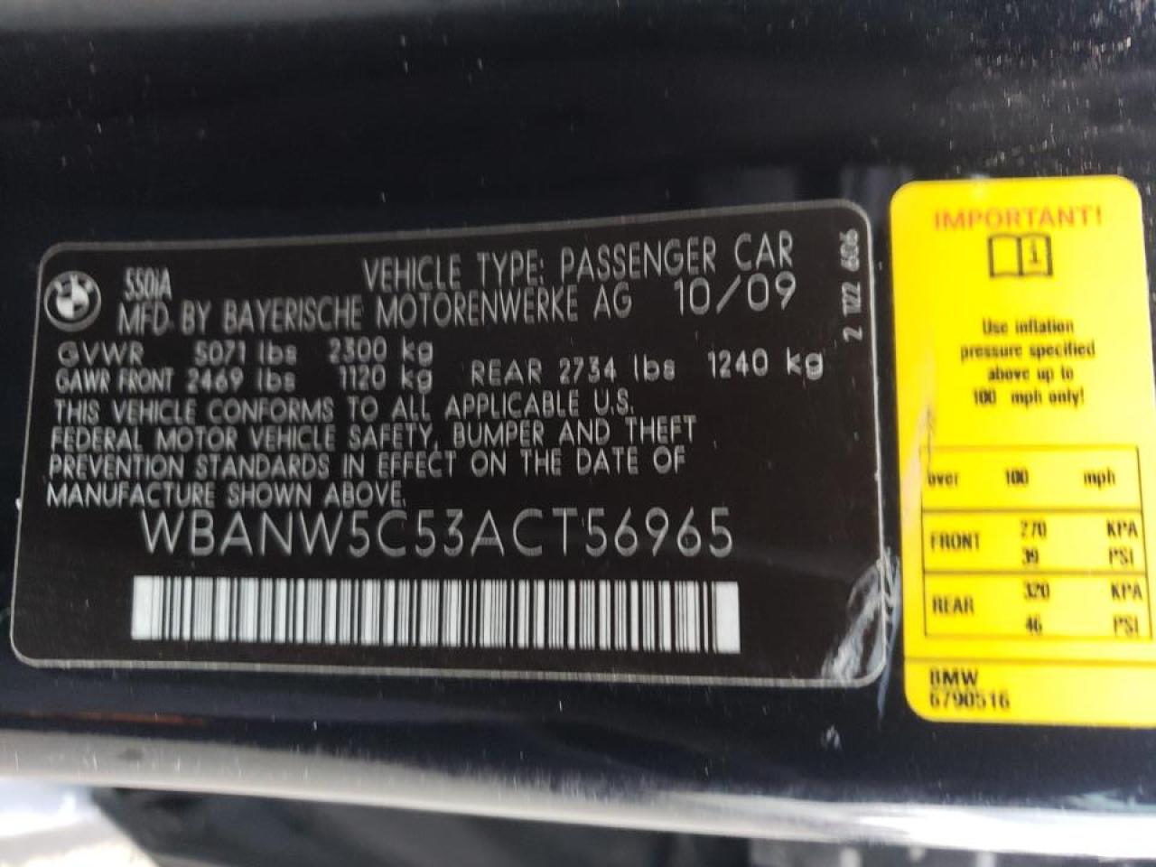Photo 10 from auction – 2010 BMW 550 I with VIN WBANW5C53ACT56965