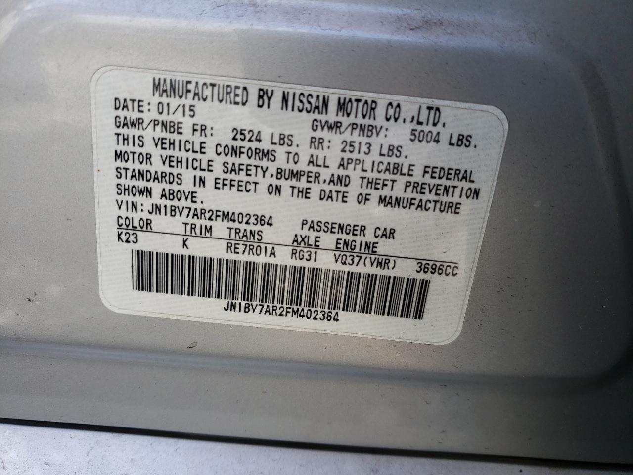 Photo 10 from auction – 2015 INFINITI Q50 BASE with VIN JN1BV7AR2FM402364