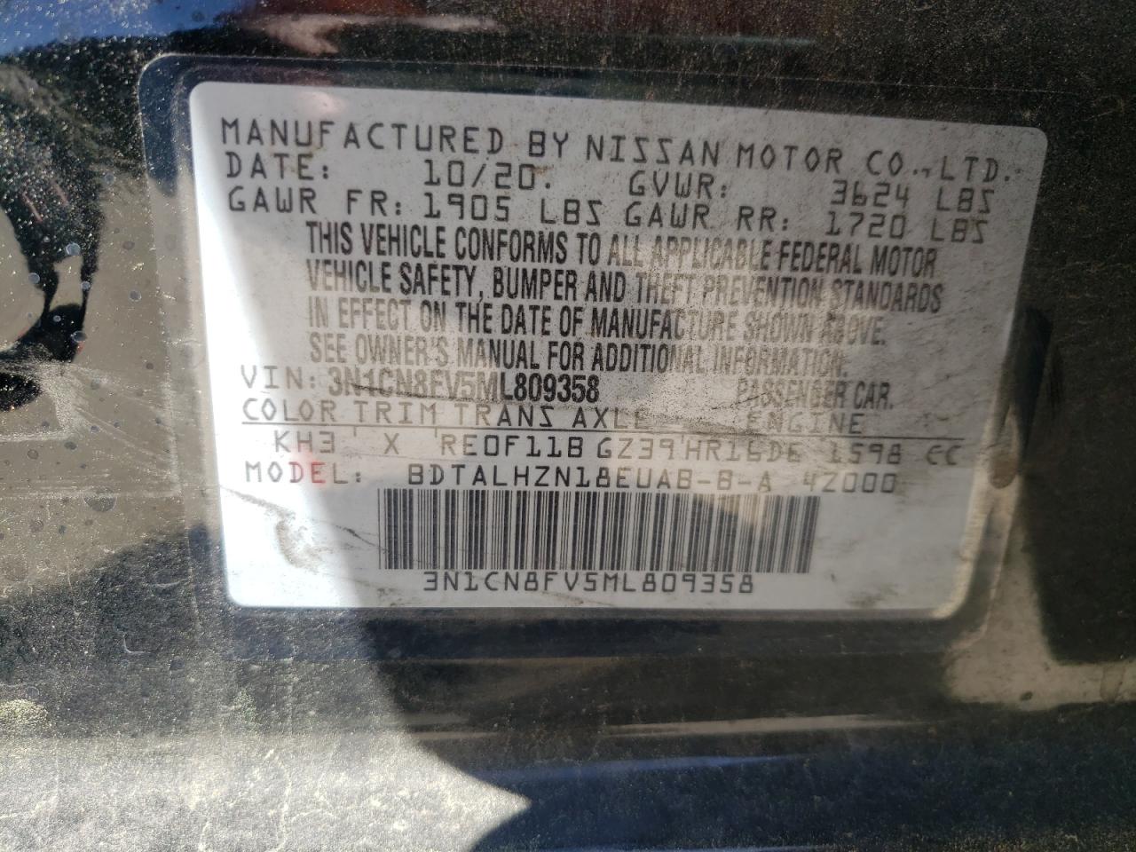 Photo 10 from auction – 2021 NISSAN VERSA SR with VIN 3N1CN8FV5ML809358