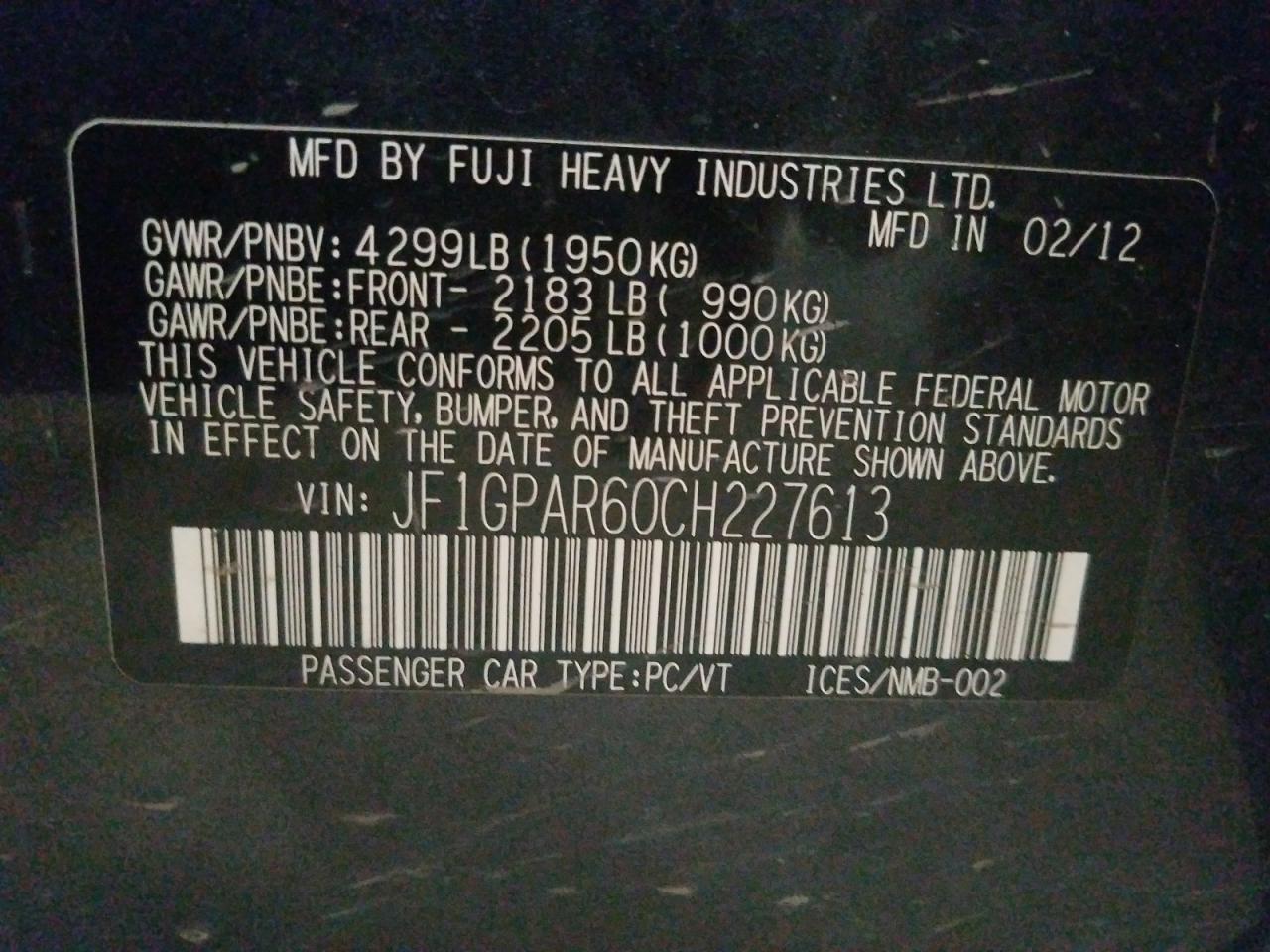 Photo 10 from auction – 2012 SUBARU IMPREZA SP with VIN JF1GPAR60CH227613