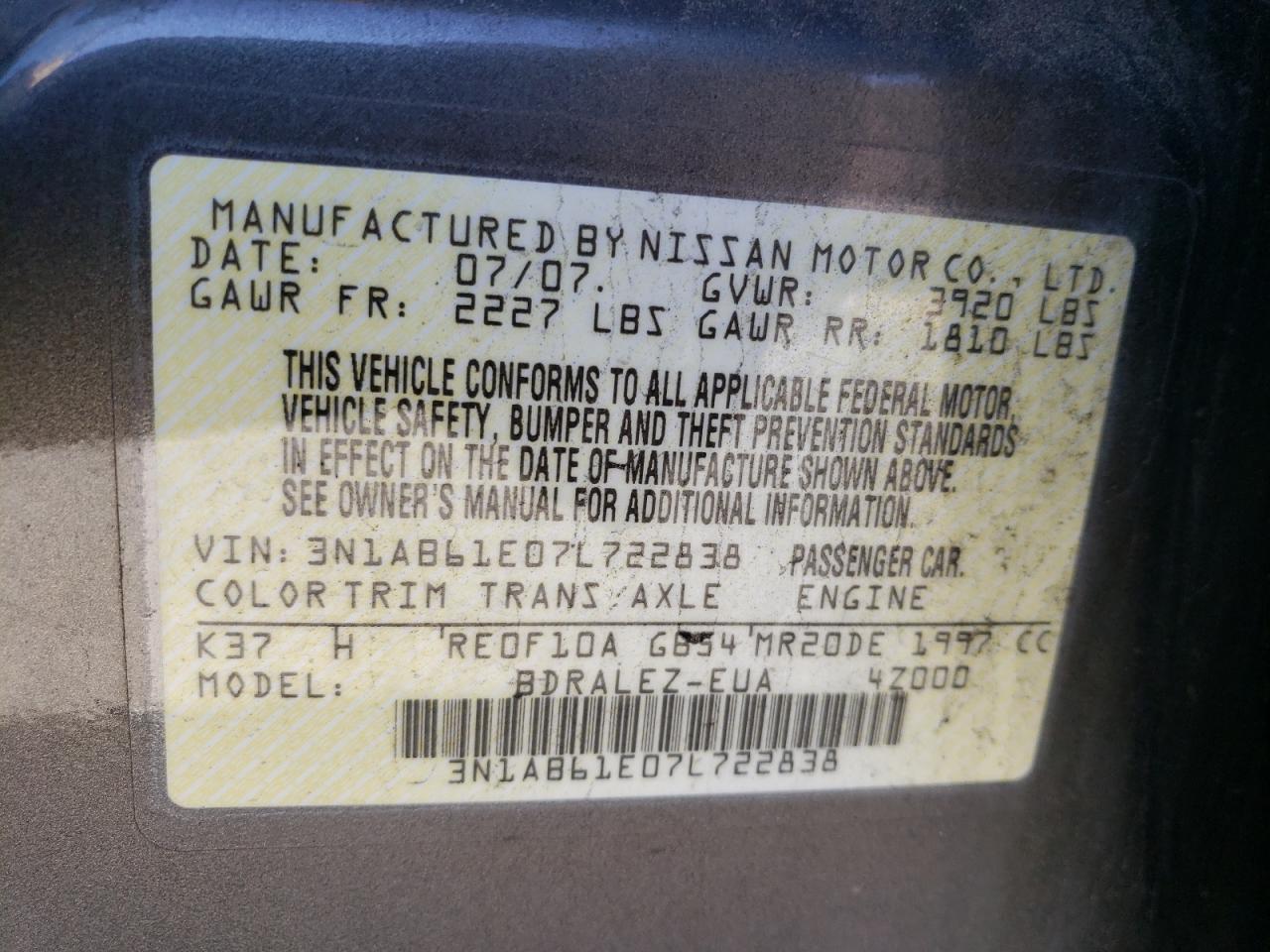 Photo 10 from auction – 2007 NISSAN SENTRA 2.0 with VIN 3N1AB61E07L722838