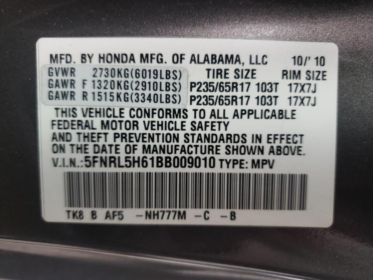 Photo 10 from auction – 2011 HONDA ODYSSEY EX with VIN 5FNRL5H61BB009010