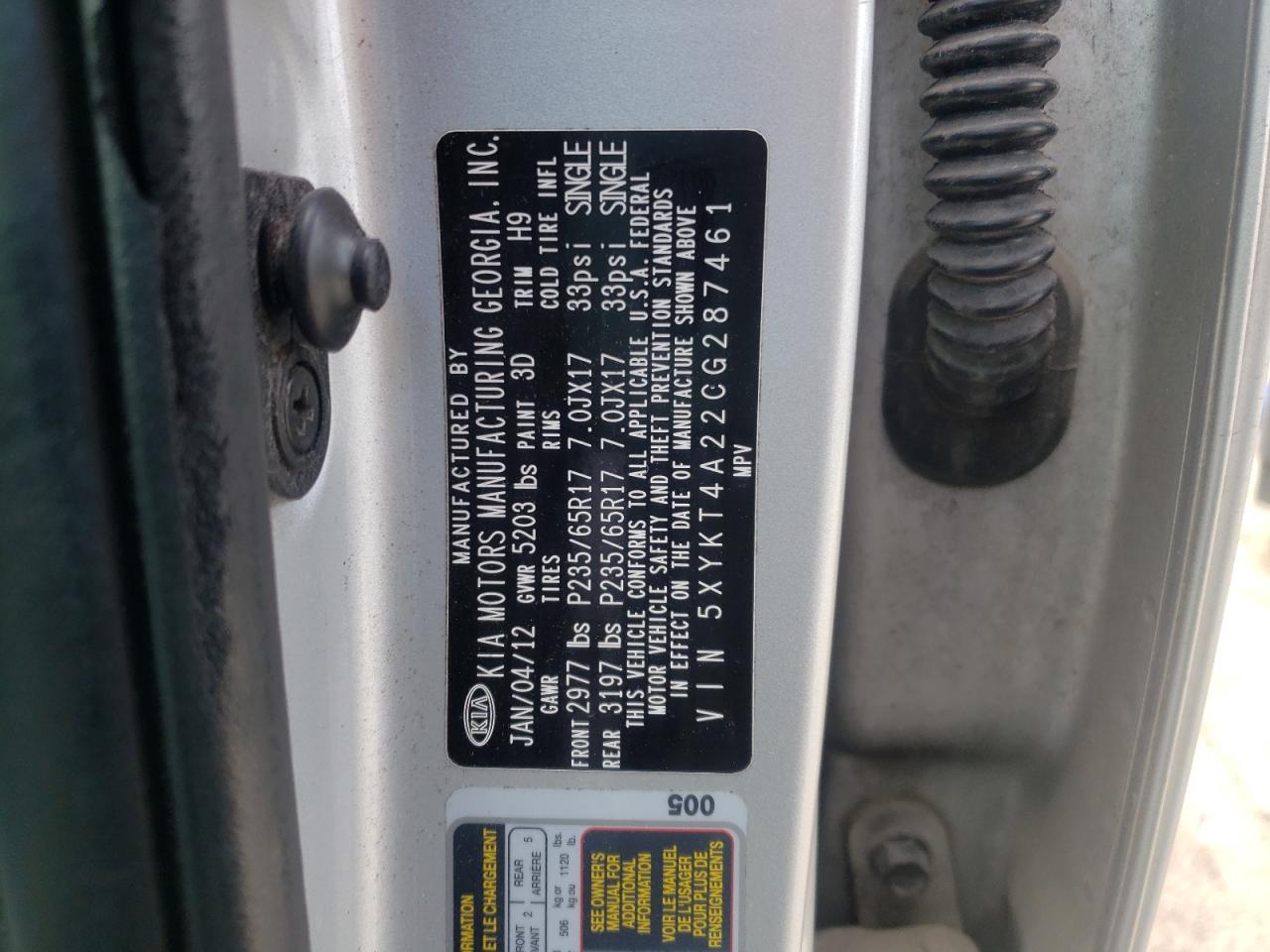 Photo 10 from auction – 2012 KIA SORENTO BA with VIN 5XYKT4A22CG287461
