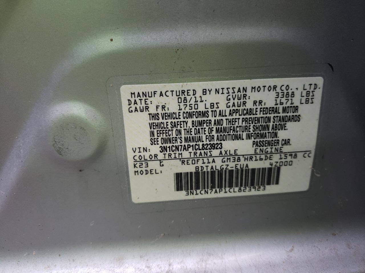 Photo 10 from auction – 2012 NISSAN VERSA S with VIN 3N1CN7AP1CL823923