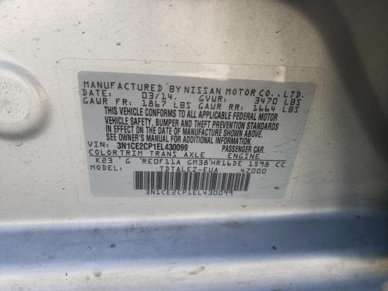 Photo 10 from auction – 2014 NISSAN VERSA NOTE with VIN 3N1CE2CP1EL430099