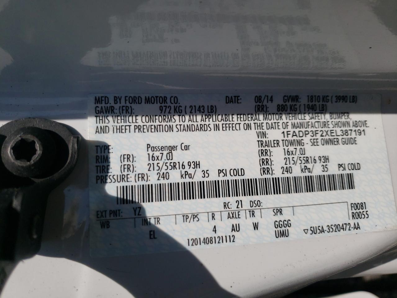 Photo 10 from auction – 2014 FORD FOCUS SE with VIN 1FADP3F2XEL387191