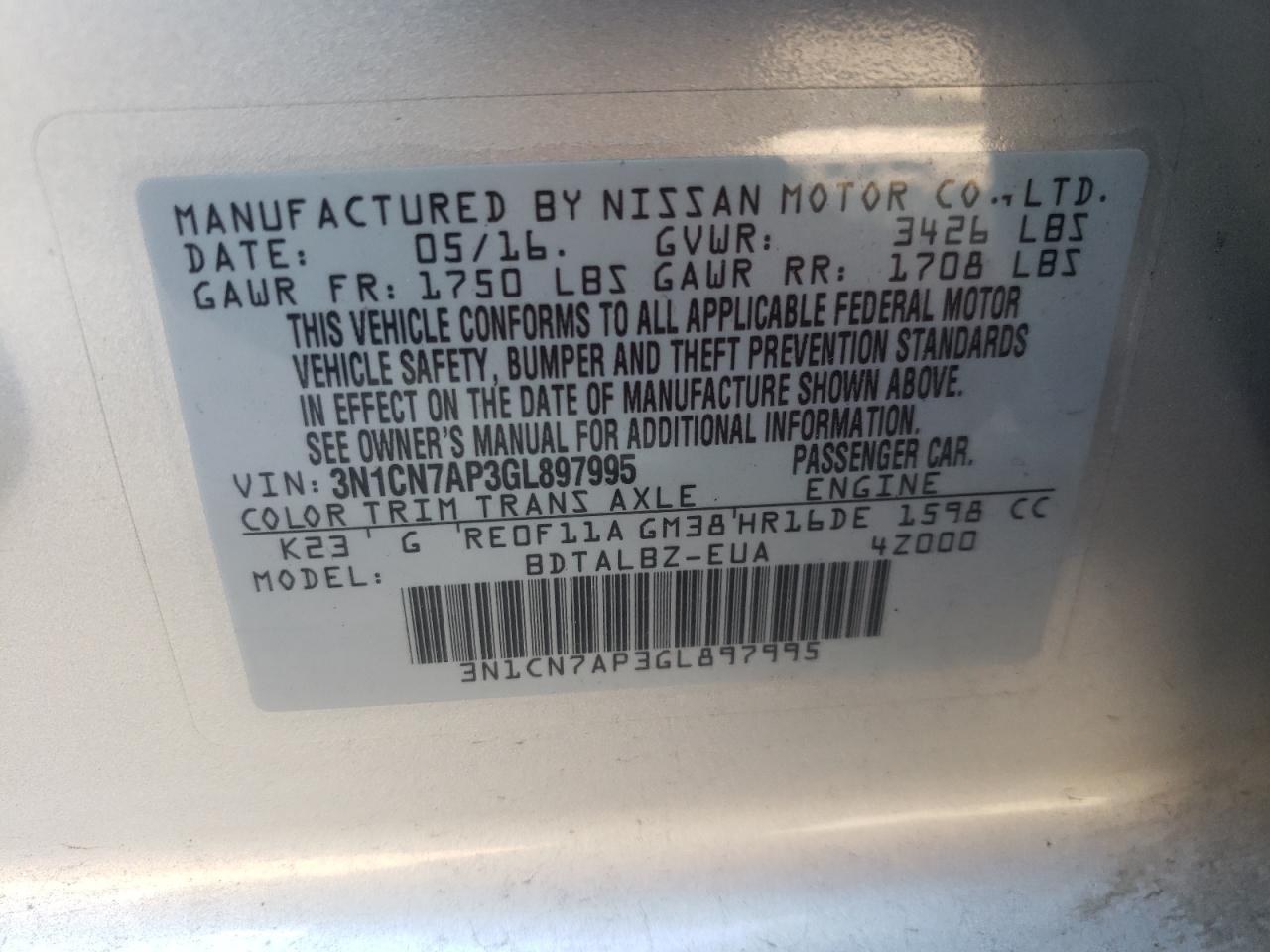 Photo 10 from auction – 2016 NISSAN VERSA S with VIN 3N1CN7AP3GL897995