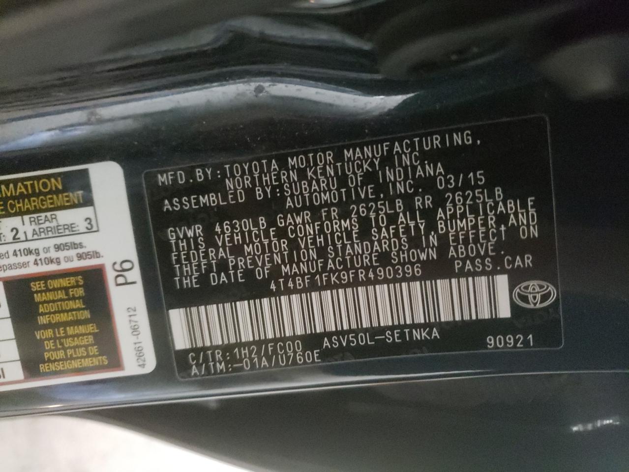 Photo 10 from auction – 2015 TOYOTA CAMRY LE with VIN 4T4BF1FK9FR490396
