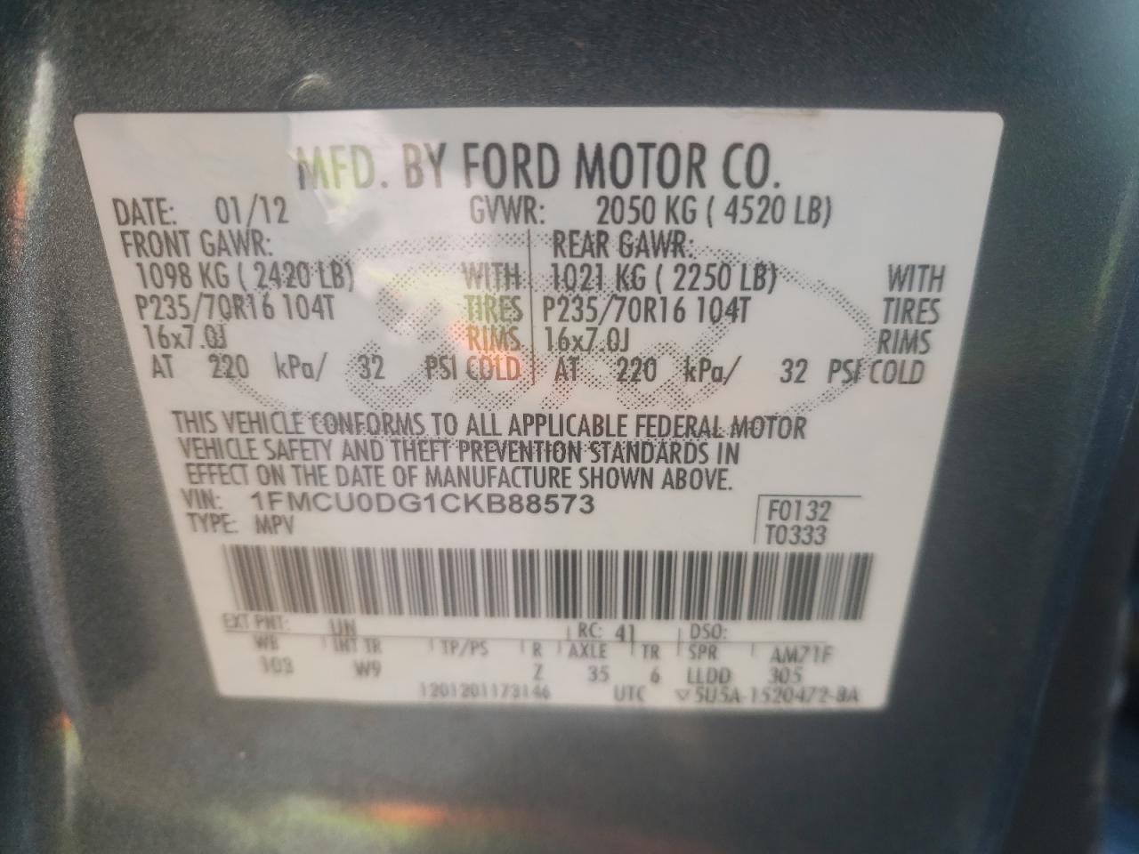 Photo 10 from auction – 2012 FORD ESCAPE XLT with VIN 1FMCU0DG1CKB88573