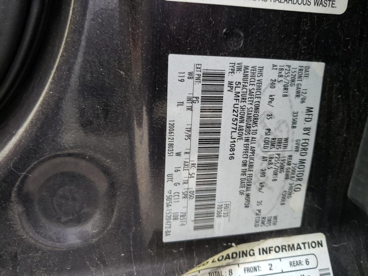 Photo 10 from auction – 2007 LINCOLN NAVIGATOR with VIN 5LMFU27577LJ10816