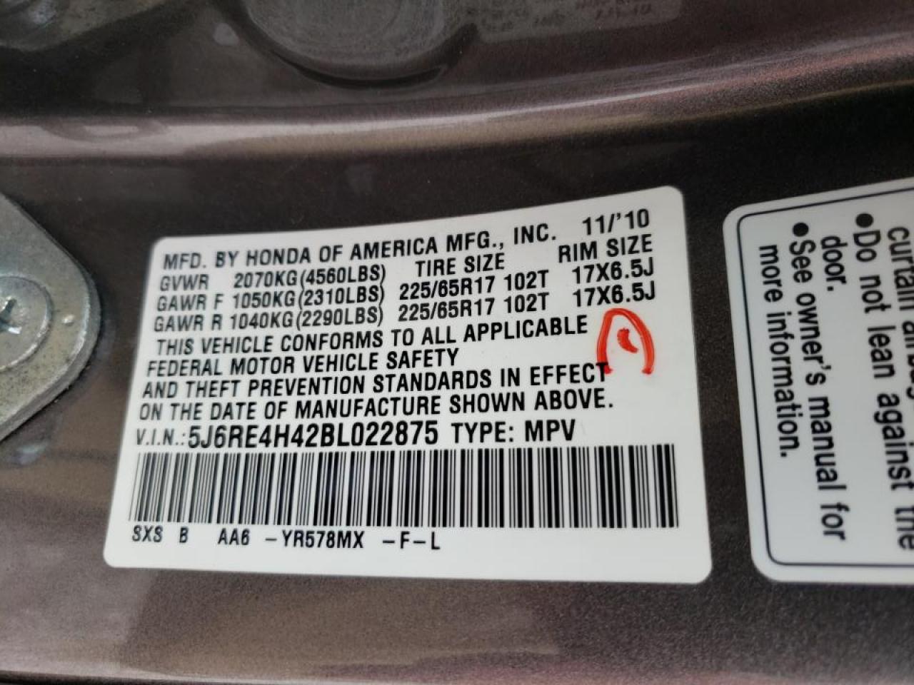 Photo 10 from auction – 2011 HONDA CR-V SE with VIN 5J6RE4H42BL022875