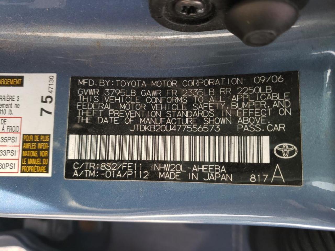 Photo 10 from auction – 2007 TOYOTA PRIUS with VIN JTDKB20U477556573