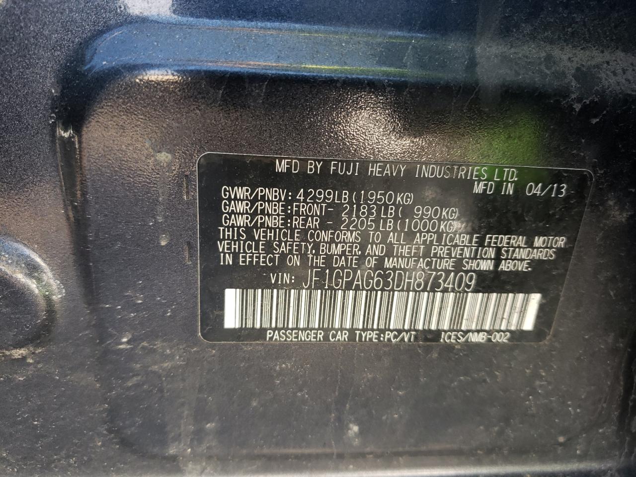 Photo 10 from auction – 2013 SUBARU IMPREZA LI with VIN JF1GPAG63DH873409