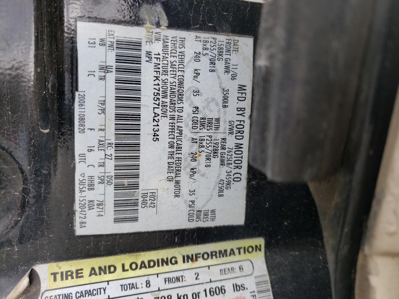 Photo 10 from auction – 2007 FORD EXPEDITION with VIN 1FMFK17557LA21345