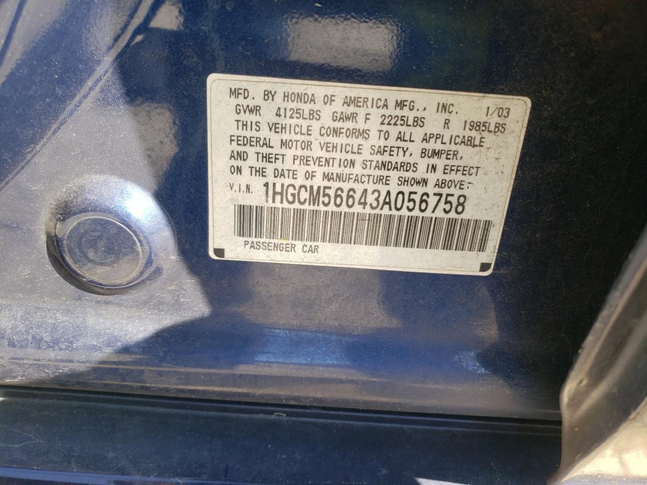 Photo 10 from auction – 2003 HONDA ACCORD EX with VIN 1HGCM56643A056758