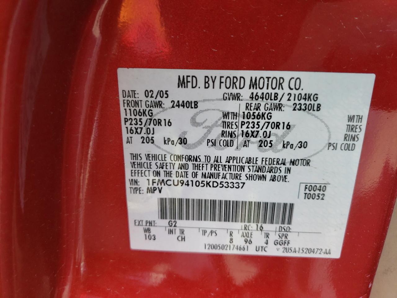 Photo 10 from auction – 2005 FORD ESCAPE LIM with VIN 1FMCU94105KD53337