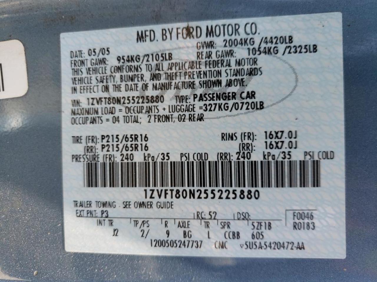 Photo 10 from auction – 2005 FORD MUSTANG with VIN 1ZVFT80N255225880