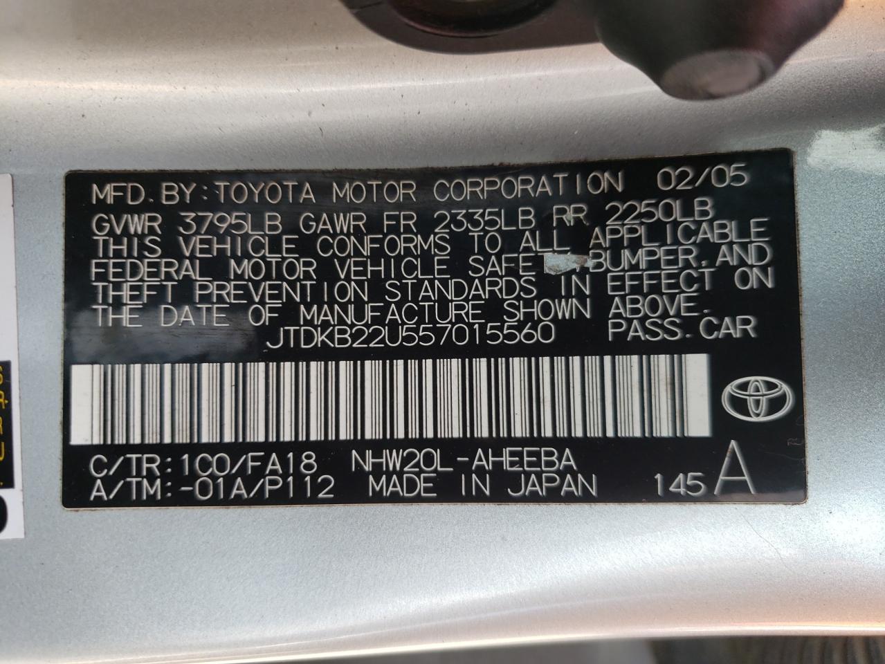 Photo 10 from auction – 2005 TOYOTA PRIUS with VIN JTDKB22U557015560