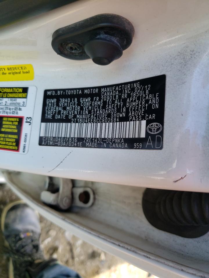 Photo 10 from auction – 2012 TOYOTA COROLLA BA with VIN 2T1BU4EE6CC802684