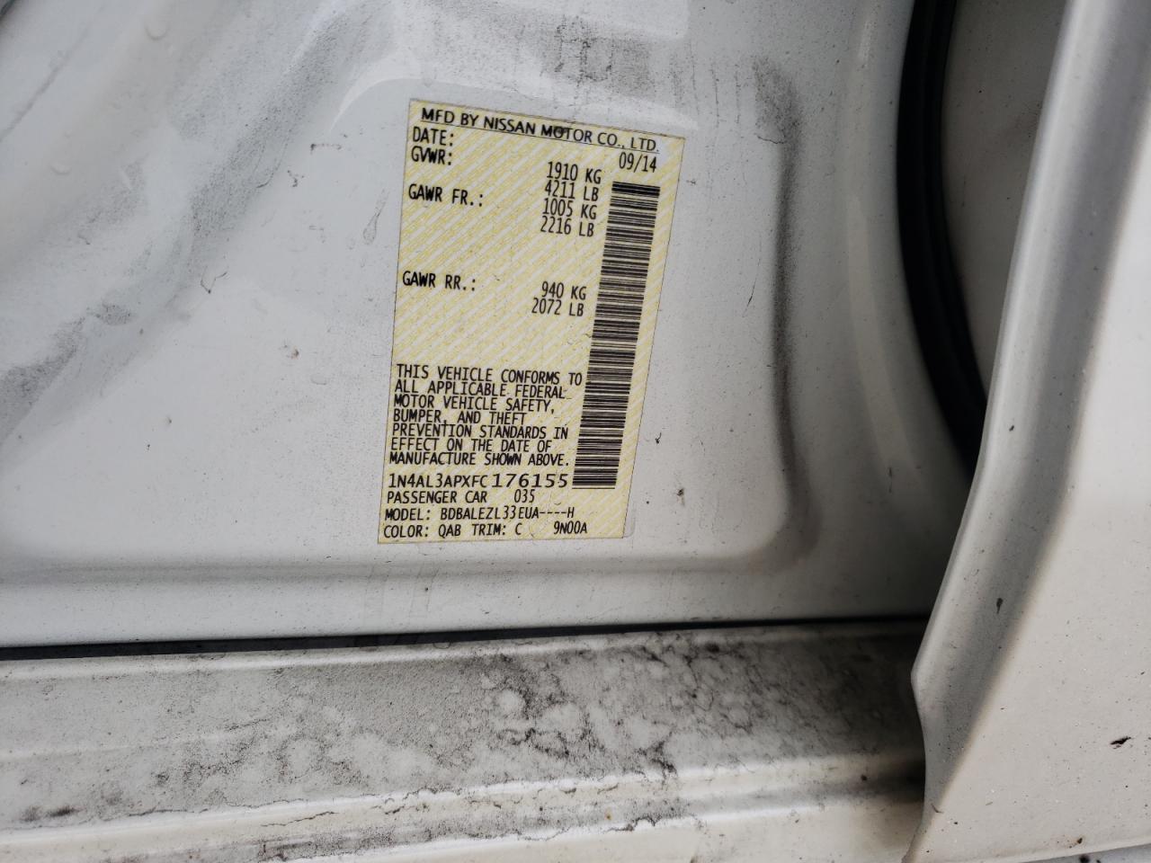 Photo 10 from auction – 2015 NISSAN ALTIMA 2.5 with VIN 1N4AL3APXFC176155