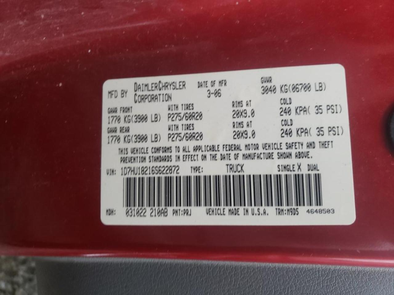 Photo 10 from auction – 2006 DODGE RAM 1500 S with VIN 1D7HU18216S622872