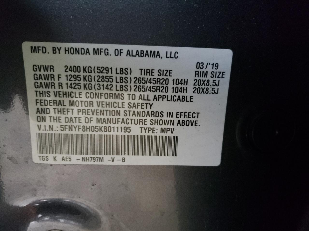 Photo 10 from auction – 2019 HONDA PASSPORT E with VIN 5FNYF8H05KB011195