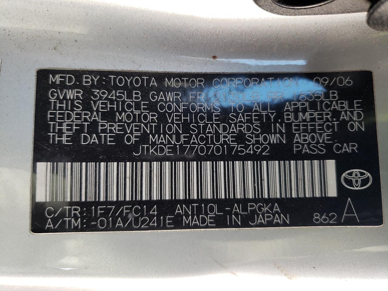 Photo 10 from auction – 2007 TOYOTA SCION TC with VIN JTKDE177070175492