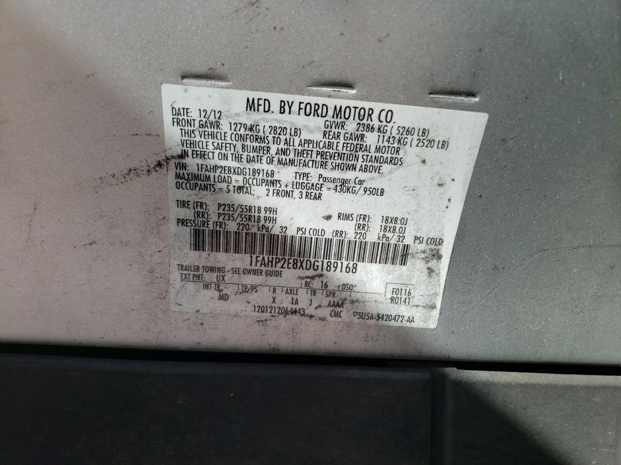 Photo 10 from auction – 2013 FORD TAURUS SEL with VIN 1FAHP2E8XDG189168