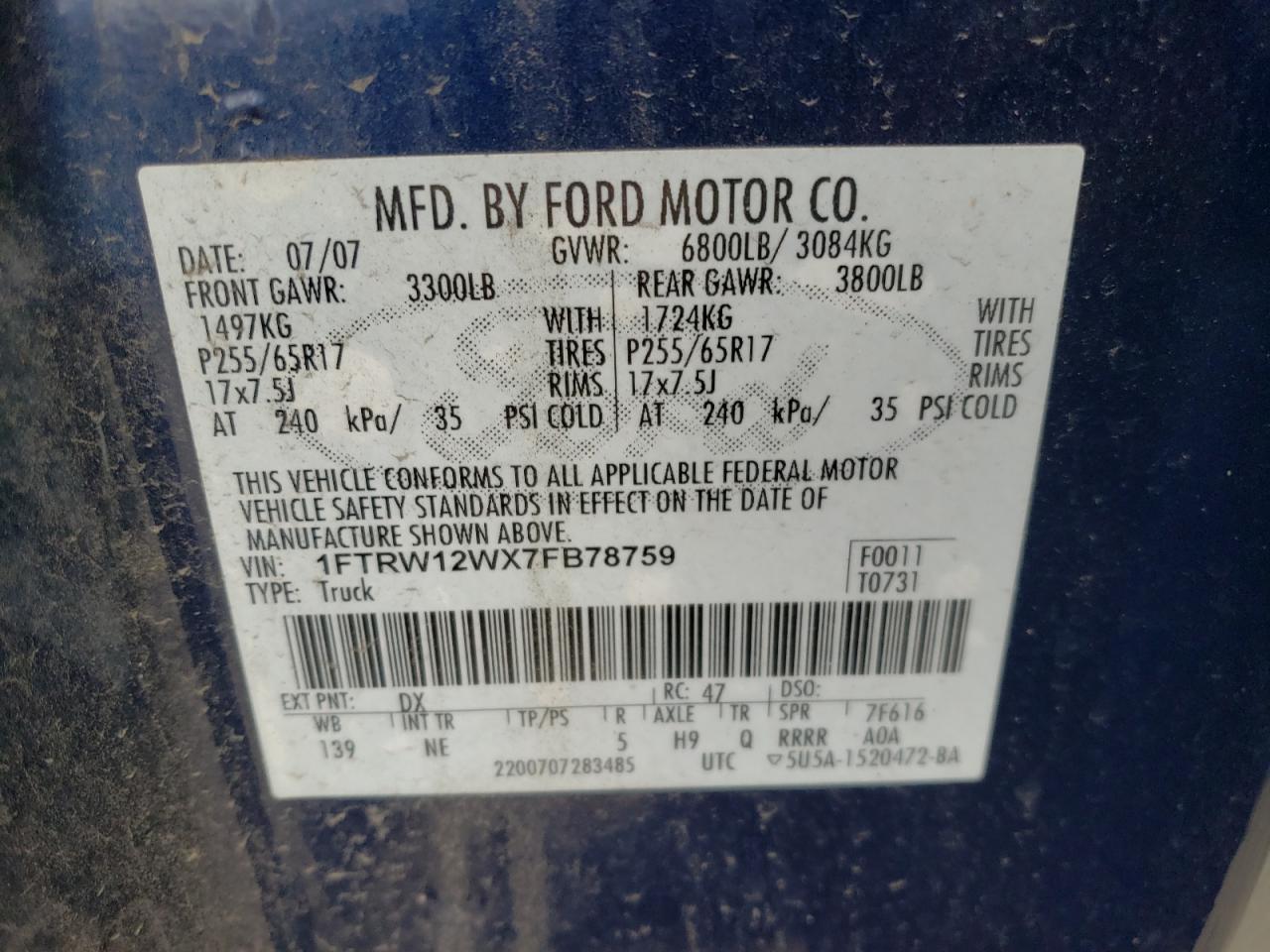 Photo 10 from auction – 2007 FORD F150 SUPER with VIN 1FTRW12WX7FB78759