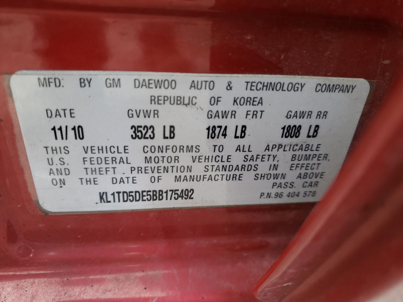 Photo 10 from auction – 2011 CHEVROLET AVEO LS with VIN KL1TD5DE5BB175492